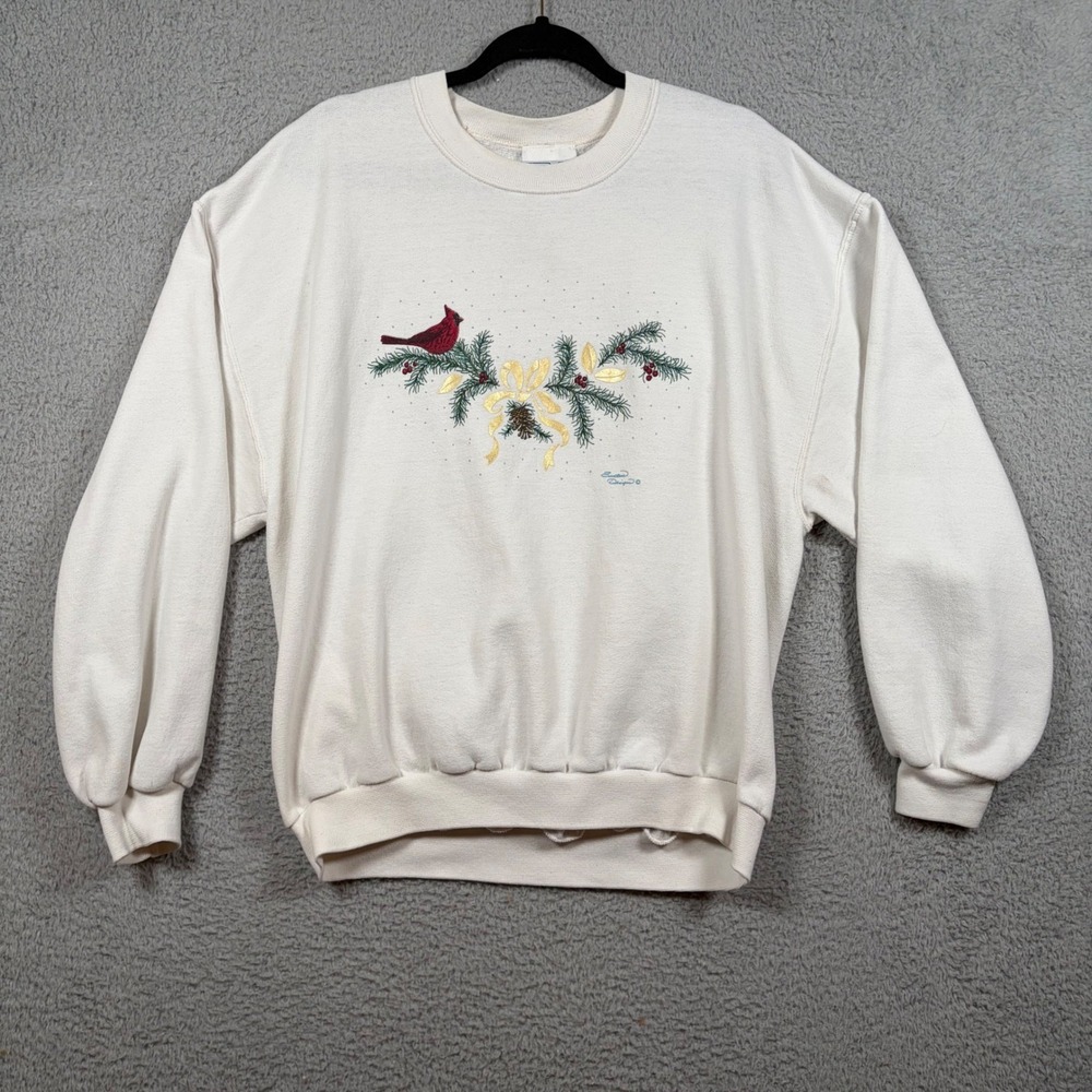 Vtg Endless Designs Christmas Cardinal Sweatshirt‎ Cream L Cottage Made in USA